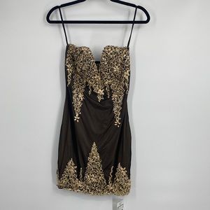 HOLT Maison De Luxe Black Mesh Gold Hand Painted Strapless Cocktail Dress